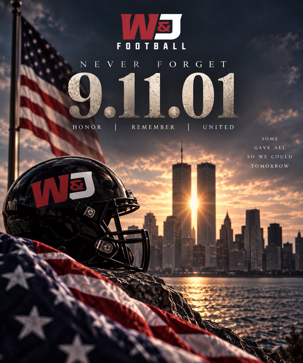 WJFootball's tweet photo. Today, W&J Football honors the lives lost, the heroes who ran toward danger, and the countless Americans forever impacted by September 11, 2001.
United we stand. We will never forget. πΊπΈ
#PrezPride | #PrezFB | #d3fb https://t.co/BHYpvsskjk