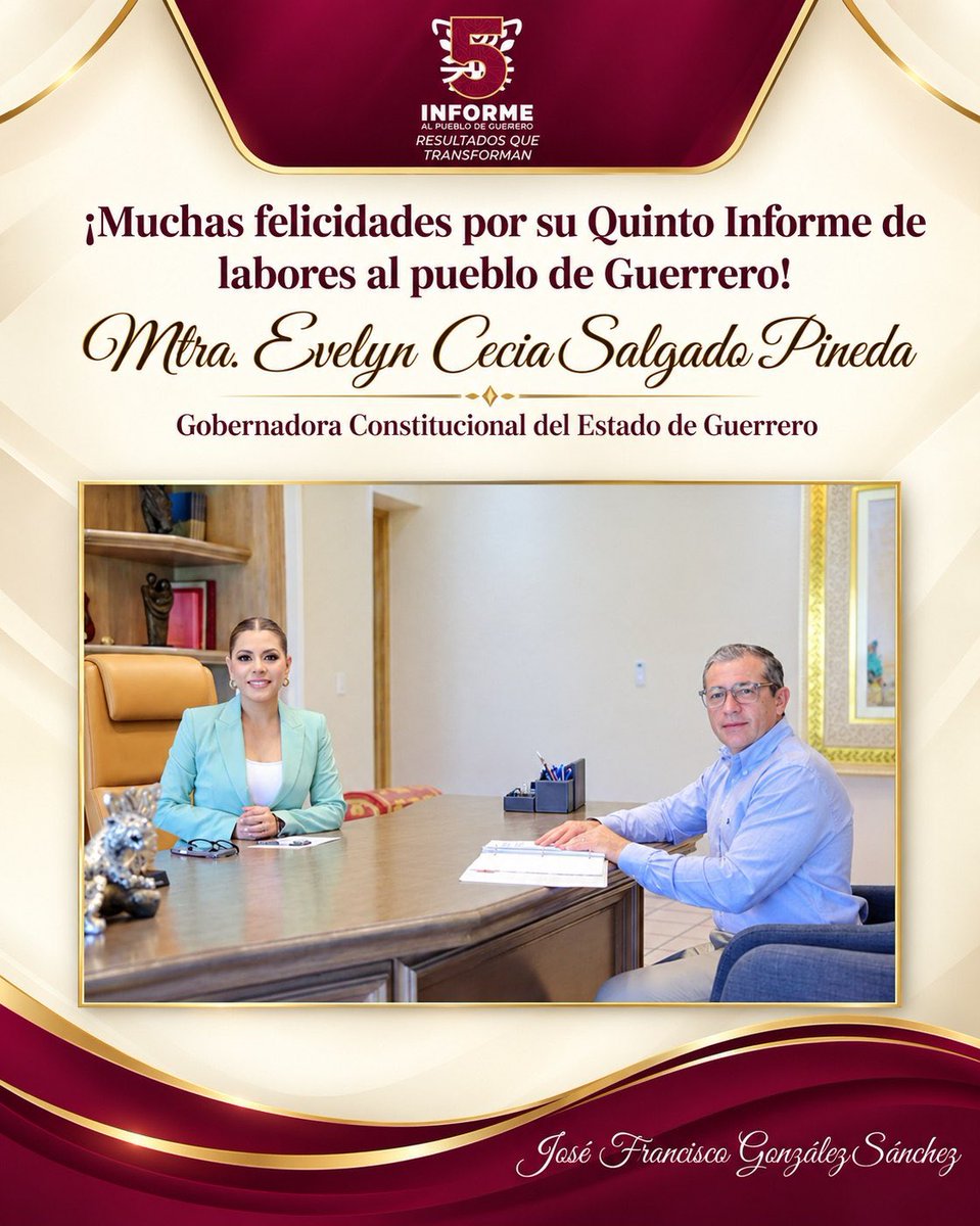 FranciscoGSZ's tweet photo. Cinco años haciendo equipo por Guerrero y construyendo un gobierno con mayor transparencia, control y responsabilidad.

Mi reconocimiento y felicitación a nuestra Gobernadora, Mtra. @EvelynSalgadoP, por su 5to Informe de Gobierno.

Desde la Secretaría de Contraloría seguiremos https://t.co/rKuxUbCm7m