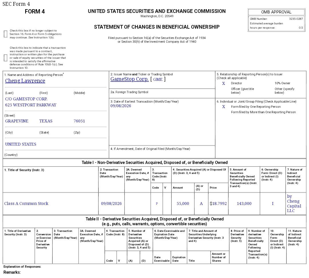 xMarketNews's tweet photo. BREAKING🚨 Four GameStop Executives/Directors acquired $GME shares in the past week 

That’s a lot of insider buying in a very short period of time…

Here’s who bought and how much:

• Larry Cheng, Director: 55,000 shares @ $18.80 = ~$1.03M

• James Grube, Director: 10,255 shares = ~$196K

• Ryan Cohen, Chairman, CEO & President: 1,000,000 shares = ~$20.4M

• Alain Attal, Lead Independent Director: 5,000 shares = $100K

💰 Total: 1,070,255 $GME shares purchased for roughly $21.7M.

All purchases were disclosed through SEC Form 4 filings.

Four insiders. Over $21 million. One week. 👀