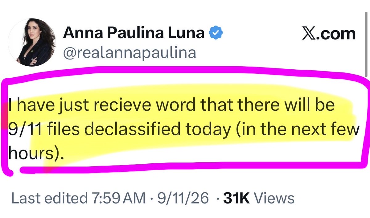 MelissaRedpill's tweet photo. Anna Paulina Luna just posted that “I have just received word that there will be 9/11 files to classified today in the next few hours.”

Today at sundown is the Feast of Trumpets…
If the truth was released that 9/11 was an inside job… that would be a trumpet blast indeed!
🎺🎺🎺🎺🎺🎺🎺🎺🎺🎺