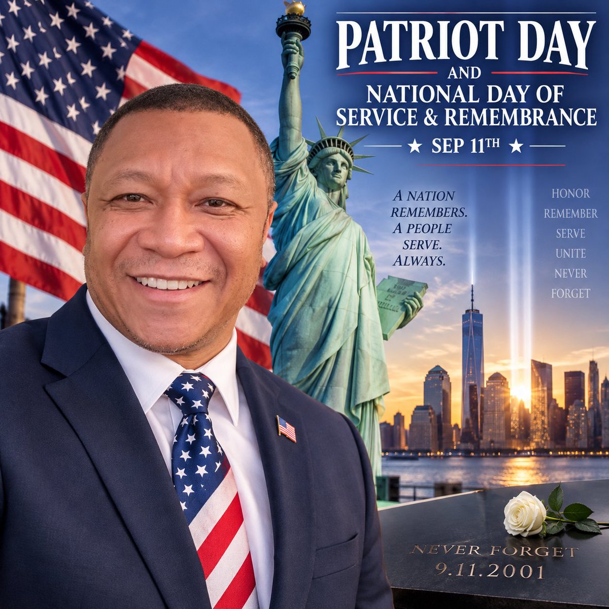 TimothyTalley17's tweet photo. PATRIOT DAY &amp; NATIONAL DAY OF SERVICE &amp; REMEMBRANCE
Sep 11 honors the memory of nearly 3,000 innocent victims who died in the Sep 11, 2001, terrorist attacks. Americans dedicate this day to remembering those who died &amp;  first responders who risked their own lives to save others. https://t.co/mOE4Zu6Kqz