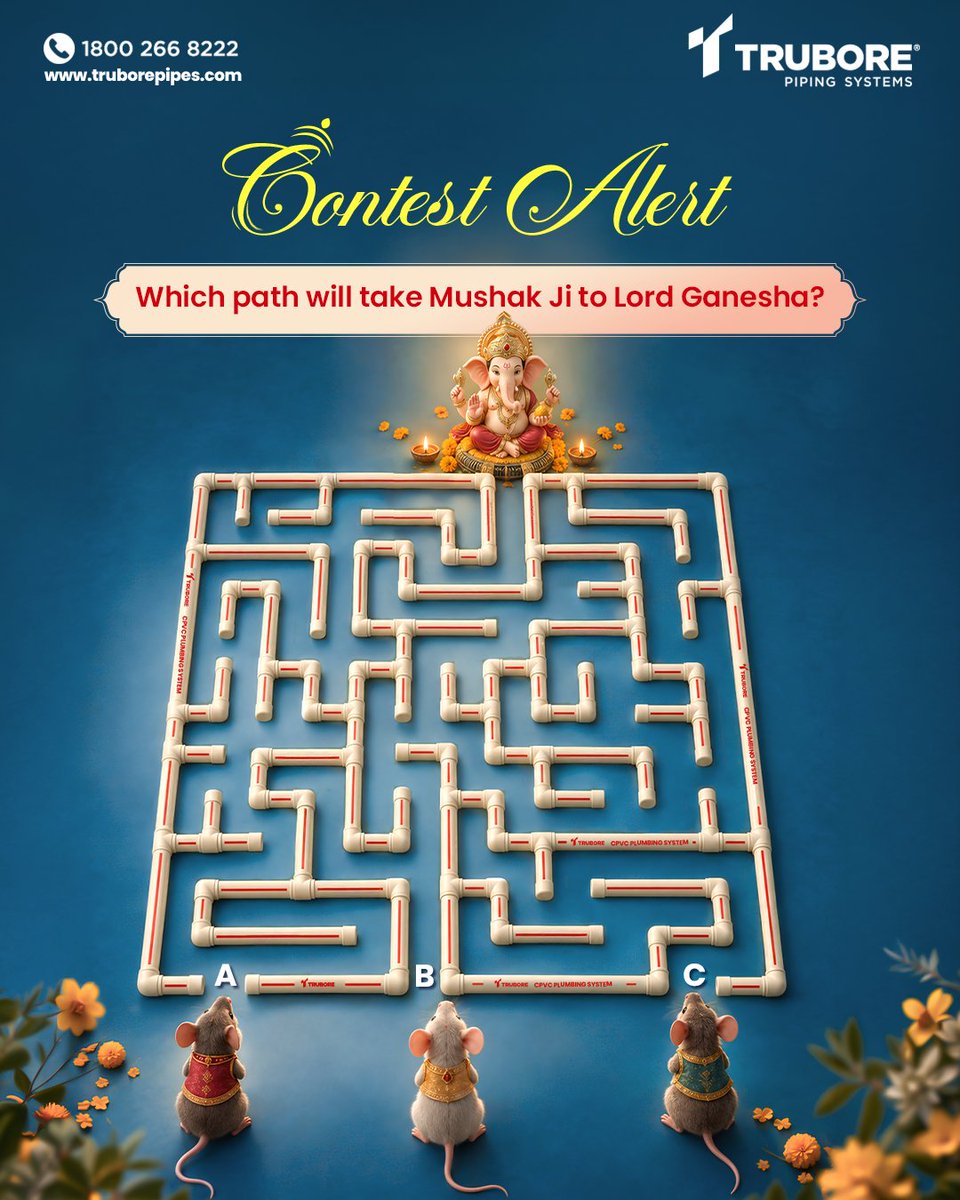 TruborePipes's tweet photo. #ContestAlert Mushak Ji is on a mission to reach Lord Ganesha, but the path isn't as easy as it looks! Can you help him find the right way through the Trubore Pipes maze? Stand a chance to win an exciting prize.

#TruborePipingSystems #Contest #HappyGaneshChaturthi #ContestMaze https://t.co/Ai3DgIIe6b