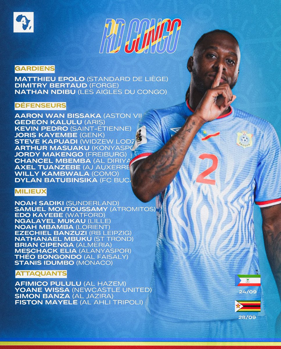ActuFootAfrique's tweet photo. 🚨 OFFICIEL : LES 𝙇𝙄𝙎𝙏𝙀𝙎 de la RD Congo 🇨🇩 pour cette trêve internationale ! 🌍☝🏿

Le renouveau de DINGUE !!! 🥶🔥 https://t.co/gG9DWeaVAm