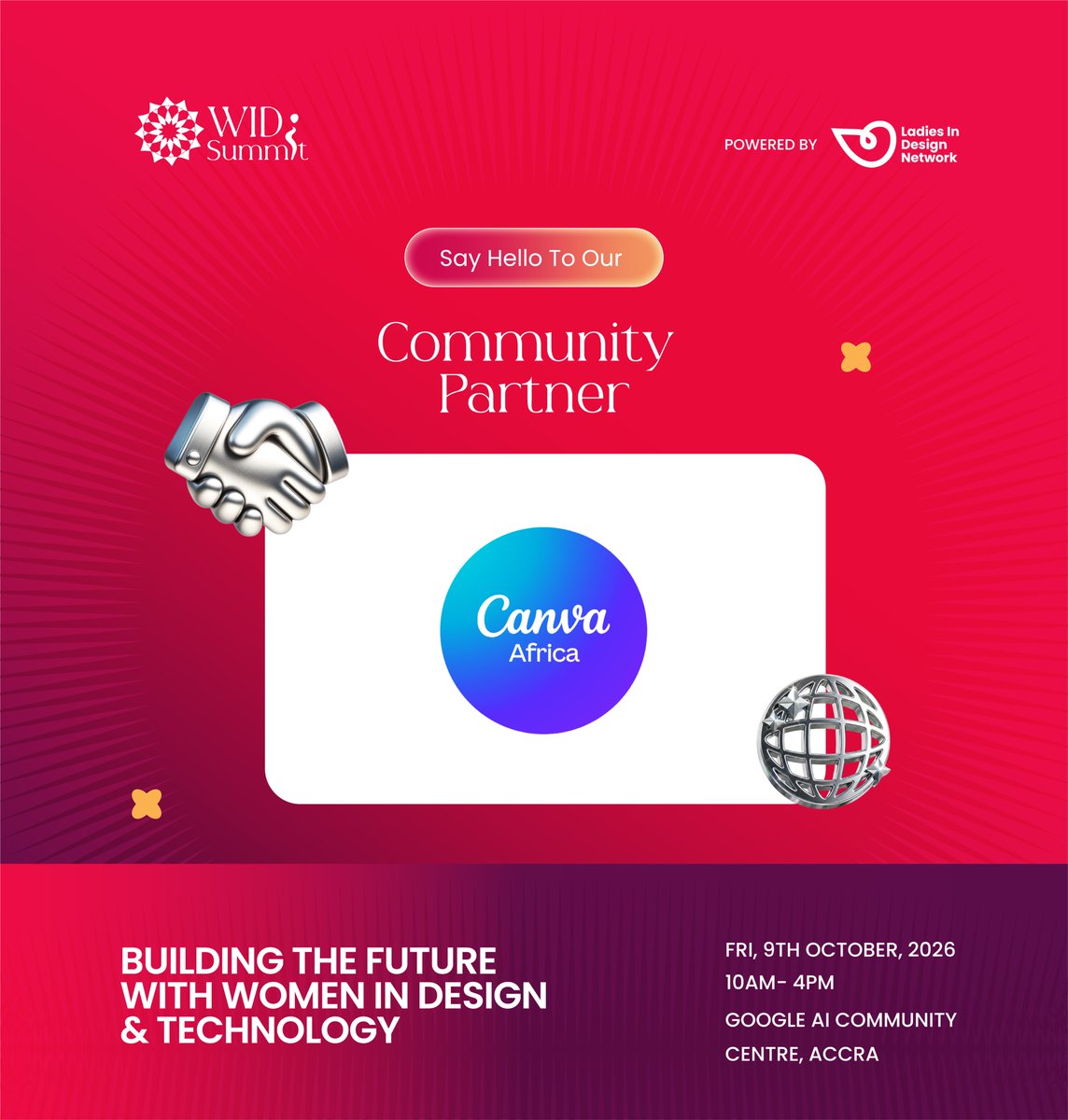 Lidn__'s tweet photo. Canva Africa joins us as a Community Partner for #WIDS2026! π€πΎ
Together, weβre building the future with women in design & technology.
π
9 Oct 2026
π Google AI Community Centre, Accra
#WomenInDesignSummit #CanvaAfrica #LadiesInDesignNetwork https://t.co/DHl7gJmxuc