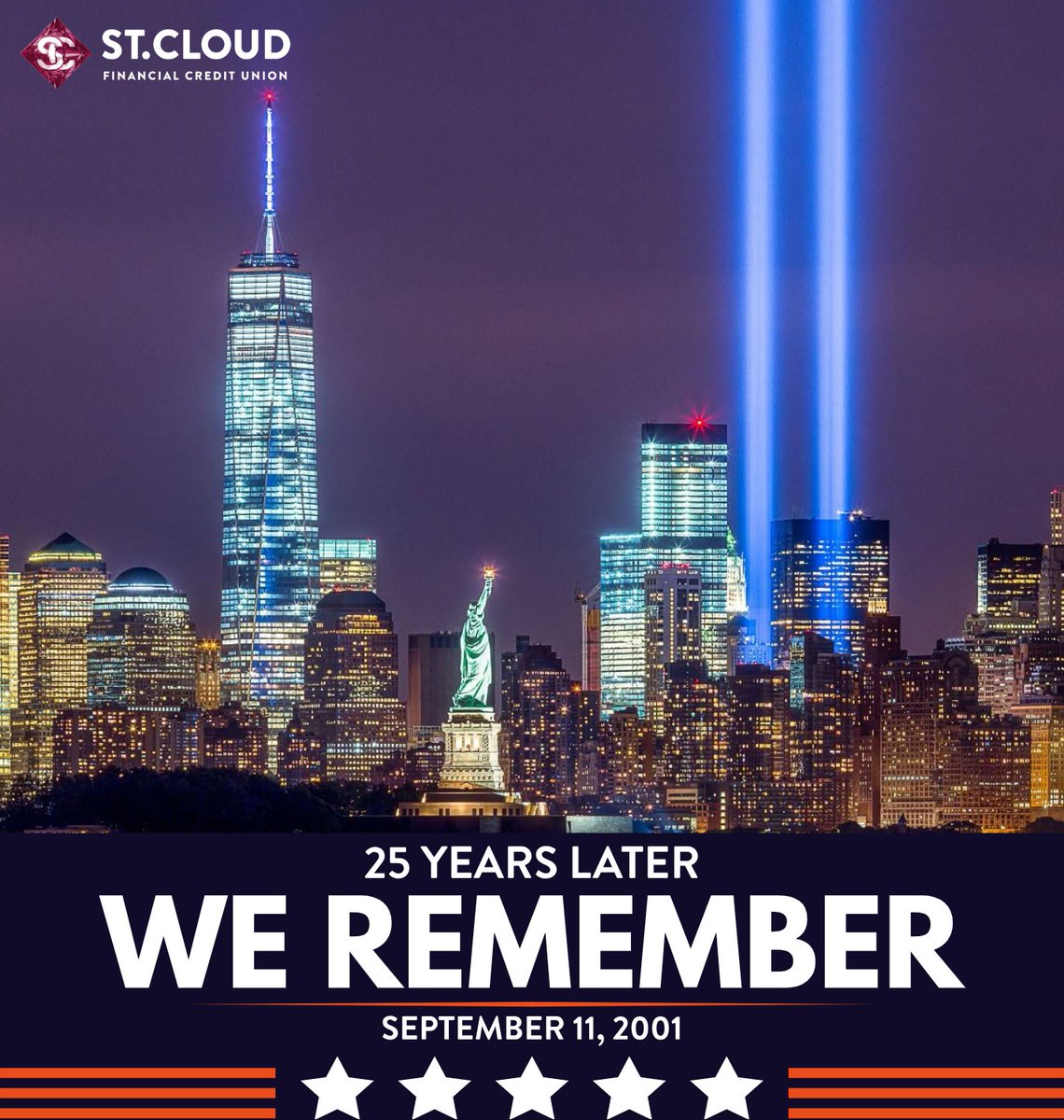 stcloudfcu's tweet photo. 25 years later, we remember. 🇺🇸

Today, we honor the nearly 3,000 lives lost on Sept. 11, 2001, the heroes who answered the call, and the countless families and communities forever changed by that day.

May we never forget the courage, sacrifice and unity that followed. As a community, and as a nation.

We remember. We honor. And we will never forget. ❤️‍🩹