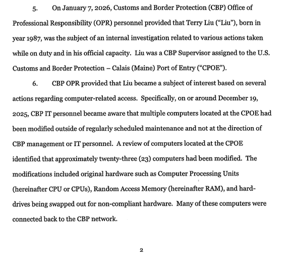 SteveRob's tweet photo. BREAKING: Terry Liu, the Chinese national arrested this week in Maine, has been charged with illegally modifying the hardware of Customs and Border Patrol computers at the Maine-Canada border.

Liu, who described himself as a native of Guangzhou, China, was caught on camera breaking into CBP computers and replacing processors and memory devices before re-inserting them into government networks.

More details to come...