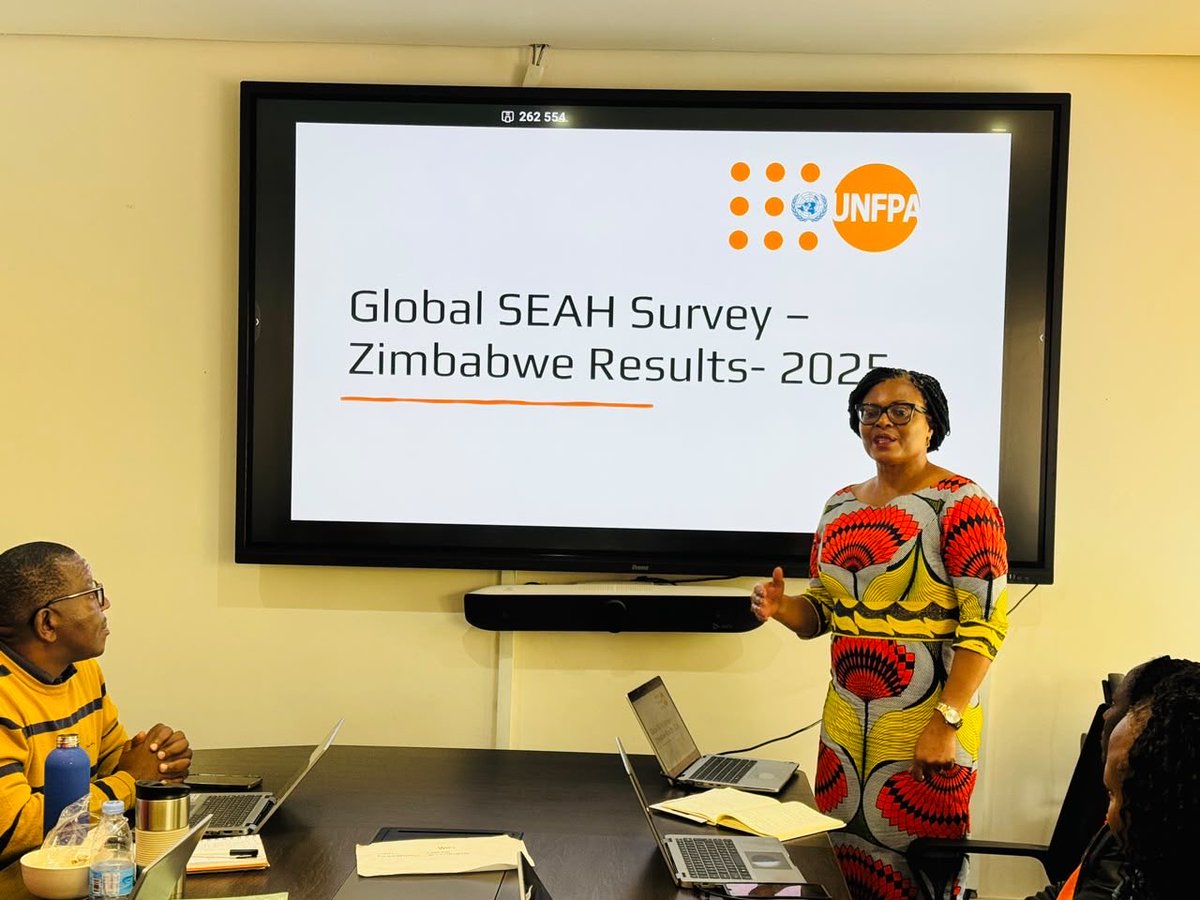 UNFPA_Zimbabwe's tweet photo. A safe, respectful, and inclusive working environment starts with all of us.

#UNFPA 🇿🇼 Prevention of Sexual Exploitation and Abuse Focal Person Rose Katumba recently shared key insights from the 2025 Global SEAH Survey (Zimbabwe Results). The session reinforced a critical mission: preventing and responding to sexual exploitation and abuse in the workplace.

Together, we are building a stronger culture of safety, dignity, accountability, and zero tolerance.

#PSEA #SafeWorkplace #UNFPAZimbabwe #ZeroTolerance