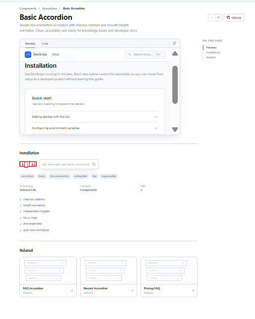 _sarthak_buddy's tweet photo. Day 35 of building DevSnips.
> Refined details page spacing and proportions
> Redesigned npm install control + pixel click animation
> GitHub icon with pixel hover effect
> Swapped home tech text for a logo strip
#day35 #buildinpublic #DevSnips https://t.co/dtnPNXSb1S