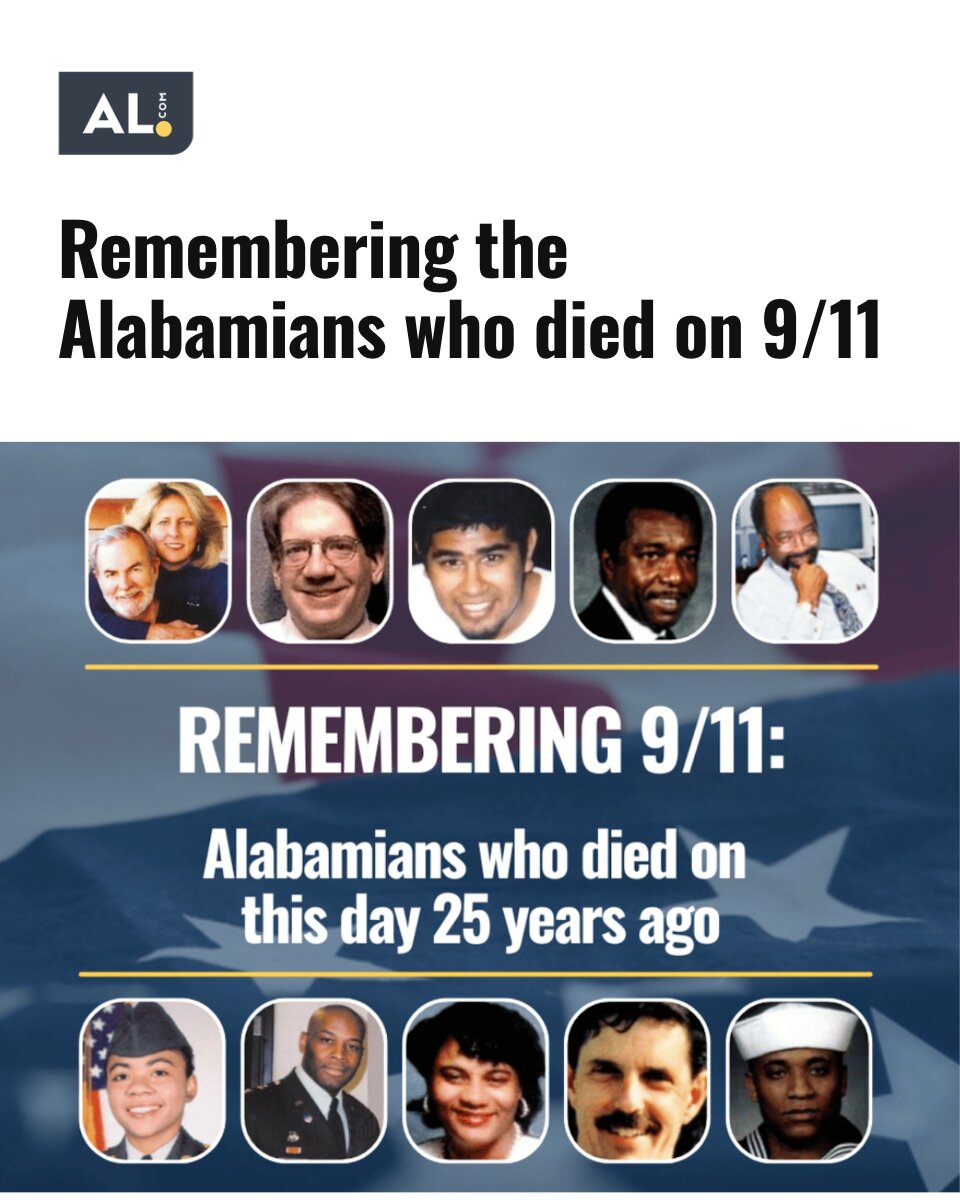 aldotcom's tweet photo. Ten Alabamians or those with connections to the state were among those who lost their lives on the terrorist attacks of Sept. 11, 2001.

Here’s a look at their lives and the legacies they left behind as America marks the 25th anniversary of the attacks: https://t.co/C0805Do1Cy