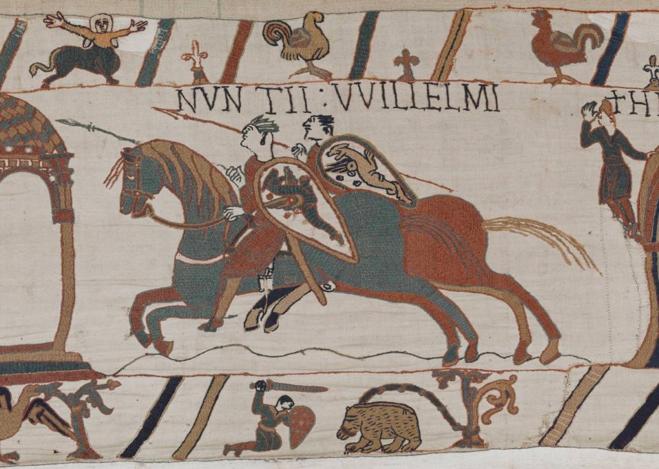 WeirdMedieval's tweet photo. one of the most devastating parts of seeing the bayeux tapestry irl was clocking that for 90% of it, the borders are these decorative animals, then the battle comes &amp; they gawk in horror as the fighting spills over and the margin becomes this jumble of dismembered looted corpses https://t.co/z38jp8Pvm9