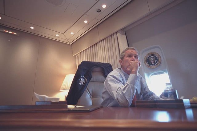25YearsAgoLive's tweet photo. From Air Force One, President Bush authorizes the shootdown of any hijacked civilian aircraft.

It is not presently known how many other aircraft are hijacked and in the air - if there is a second wave of attacks coming. https://t.co/55K5ccePBo