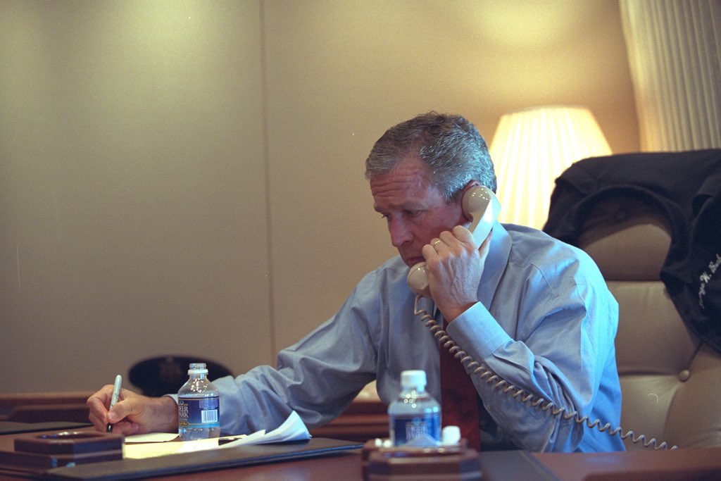 25YearsAgoLive's tweet photo. From Air Force One, President Bush authorizes the shootdown of any hijacked civilian aircraft.

It is not presently known how many other aircraft are hijacked and in the air - if there is a second wave of attacks coming. https://t.co/55K5ccePBo