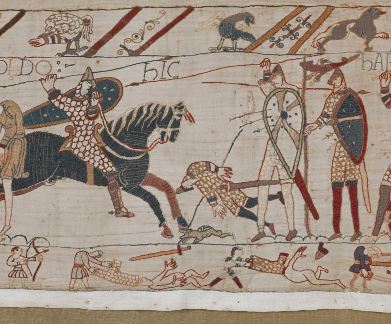 WeirdMedieval's tweet photo. one of the most devastating parts of seeing the bayeux tapestry irl was clocking that for 90% of it, the borders are these decorative animals, then the battle comes &amp; they gawk in horror as the fighting spills over and the margin becomes this jumble of dismembered looted corpses https://t.co/z38jp8Pvm9