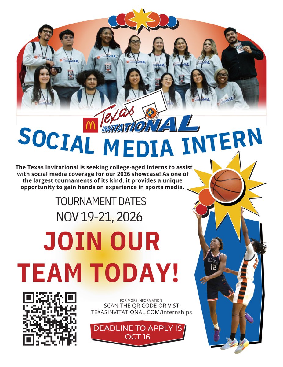 TXInvitational's tweet photo. The Texas Invitational is seeking college-aged interns to assist with social media coverage for our 2026 showcase! As one of the largest tournaments of its kind, it provides a unique
opportunity to gain hands-on experience in sports media. For more information, visit https://t.co/IKGkI6S9v9