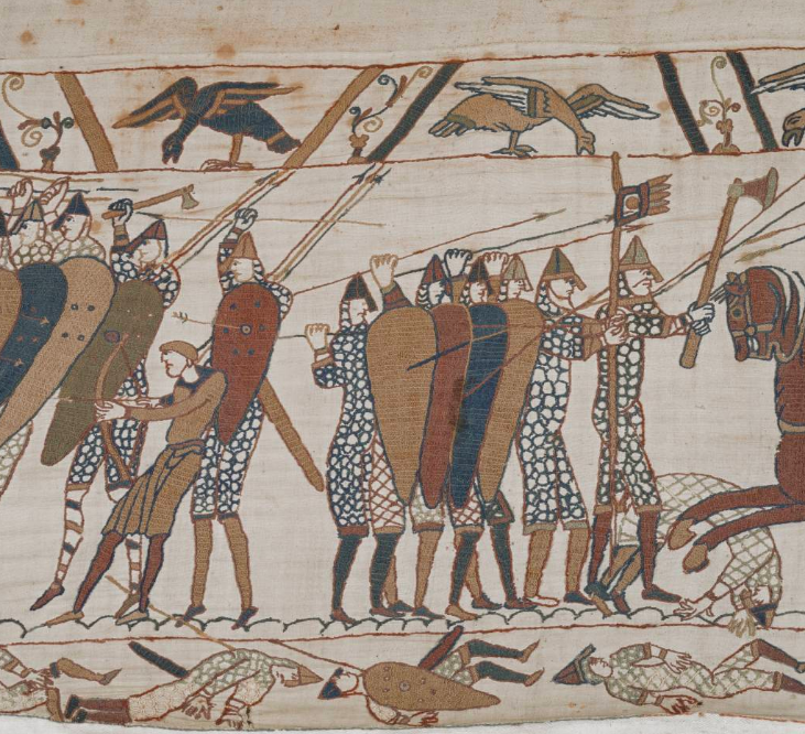 WeirdMedieval's tweet photo. one of the most devastating parts of seeing the bayeux tapestry irl was clocking that for 90% of it, the borders are these decorative animals, then the battle comes &amp; they gawk in horror as the fighting spills over and the margin becomes this jumble of dismembered looted corpses https://t.co/z38jp8Pvm9