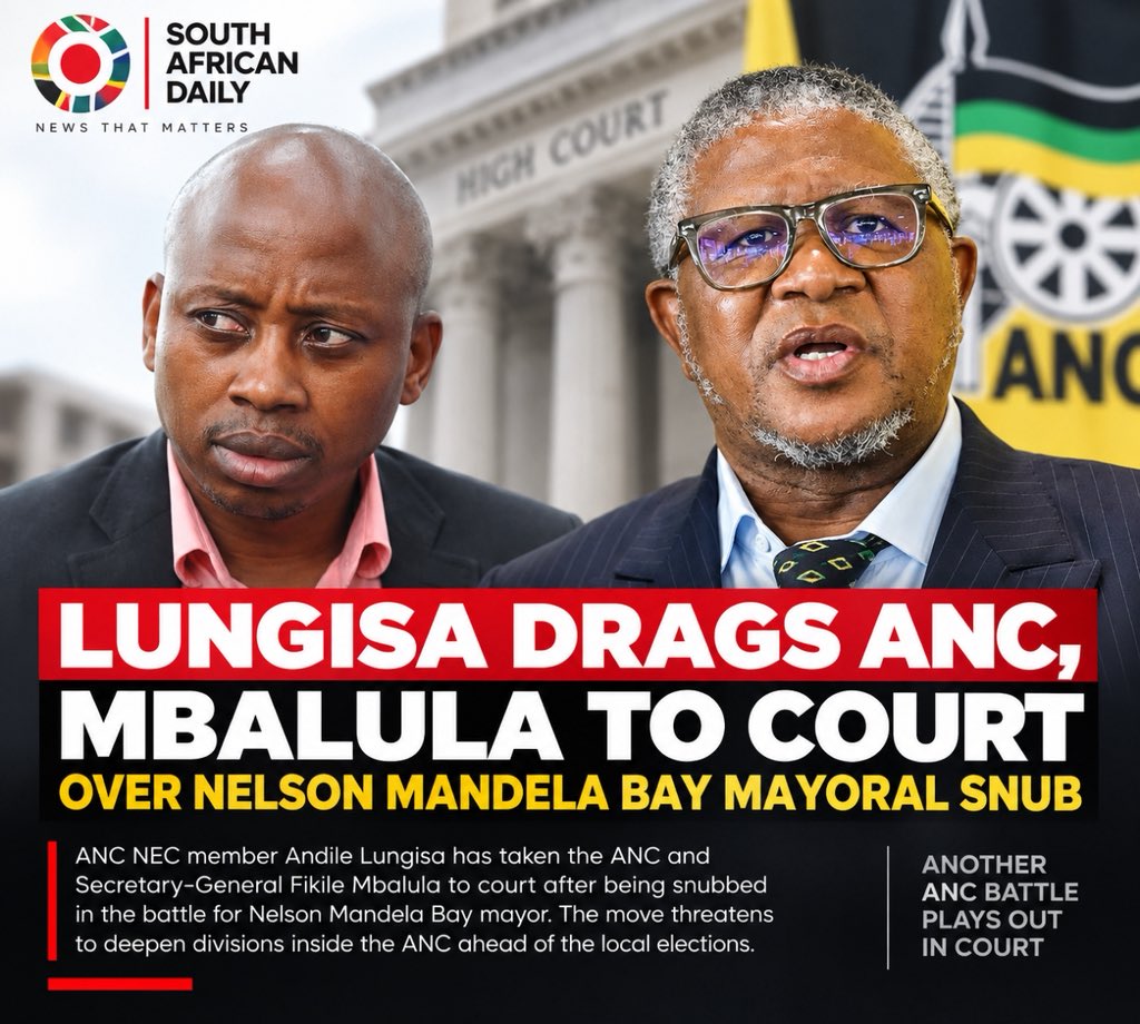 southafricandly's tweet photo. ANC NEC member Andile Lungisa has turned on his own party, dragging the ANC and Secretary-General Fikile Mbalula to court after being snubbed in the battle for Nelson Mandela Bay mayor. The showdown threatens to deepen divisions inside the ANC. https://t.co/rHN9UjoB9j