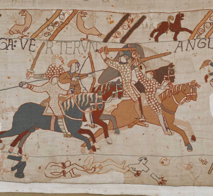 WeirdMedieval's tweet photo. one of the most devastating parts of seeing the bayeux tapestry irl was clocking that for 90% of it, the borders are these decorative animals, then the battle comes &amp; they gawk in horror as the fighting spills over and the margin becomes this jumble of dismembered looted corpses https://t.co/z38jp8Pvm9