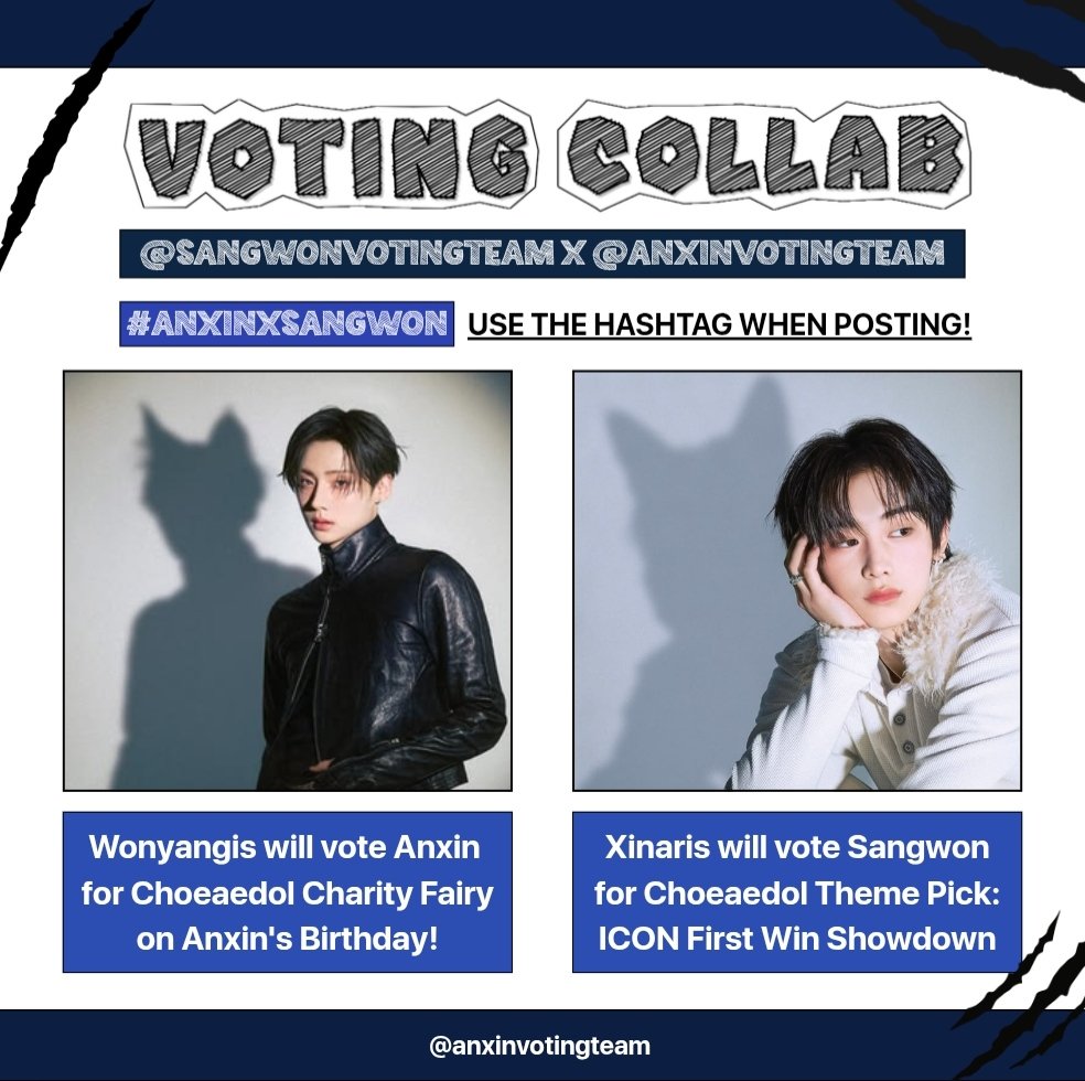 ANXINVOTINGTEAM's tweet photo. 🗳 | VOTING COLLAB 260912

Hi, Xinaris! We're happy to announce a new collaboration with @SANGWONVT  ! 

Vote 2 times everyday for Sangwon on Choeaedol Theme Pick: ICON First Win Showdown 
⏳22 SEP 2026

Use the tag when you post your proof of voting #ANXINxSANGWON

#ANXIN #安信 #안신 #アンシン