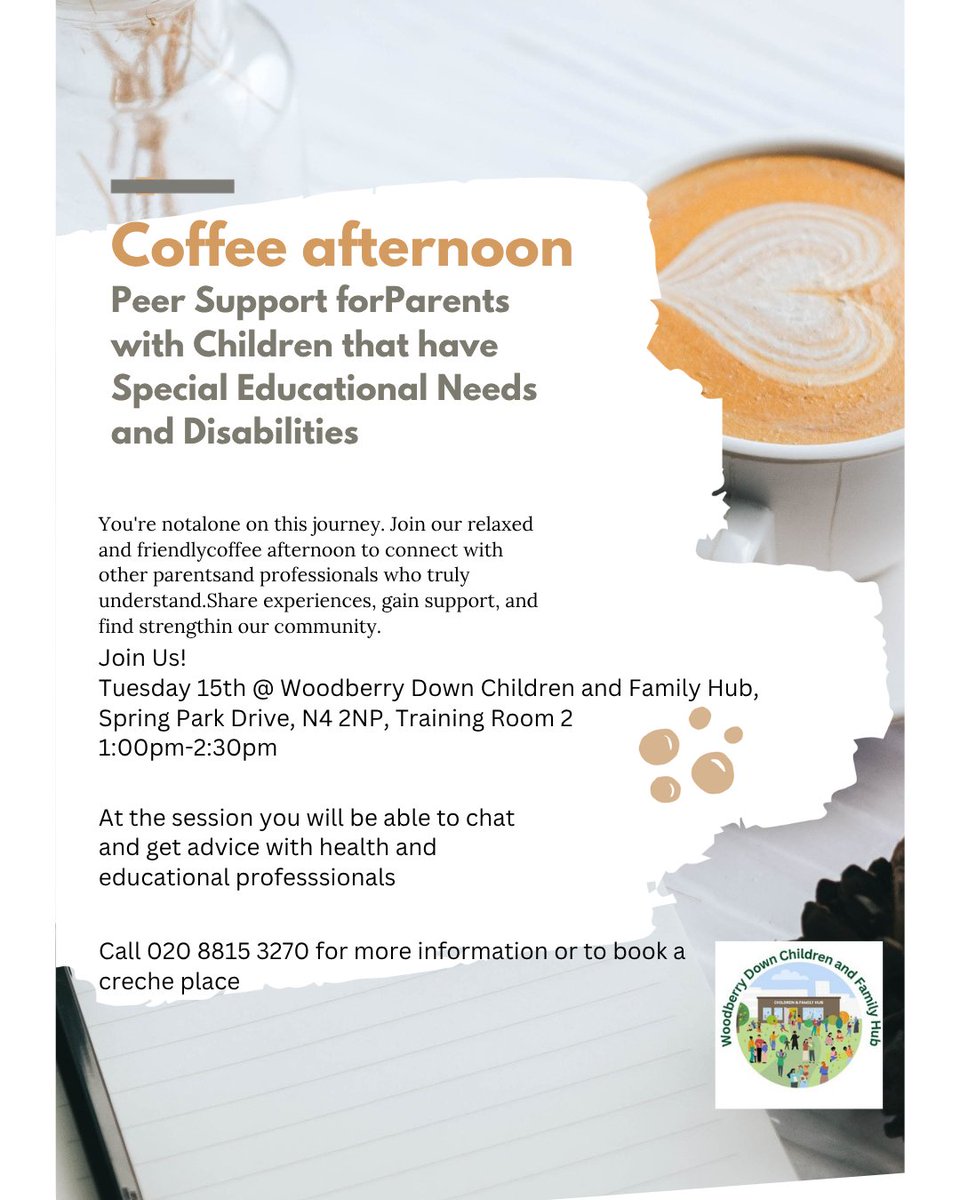 HackneyFIS's tweet photo. Parenting a child with SEND? You’re not alone. Connect with other parents and local professionals at our monthly Coffee afternoon!  

🗓️ Tuesday 15 September at 1pm - 2.30pm 
📍 Woodberry Down Children and Family Hub
👶 Crèche available, call 020 8815 3270 to book! https://t.co/J5OWezeD5G