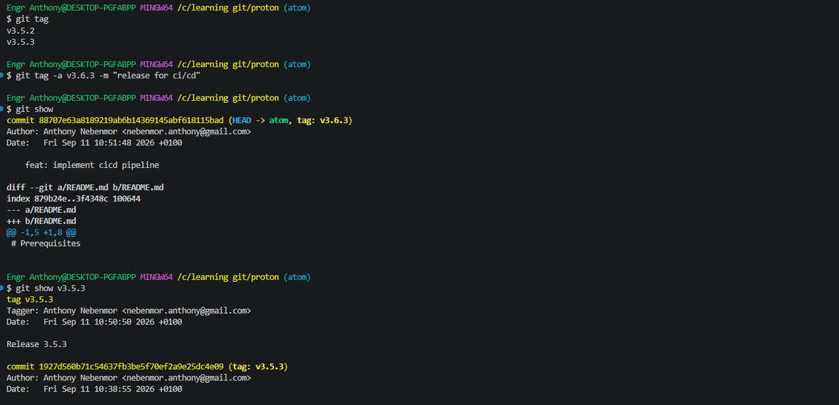 AnthonyNebenmor's tweet photo. Progress in my DevOps journey: wrapped up Git, branching, rollbacks, SSH auth, tags, and semantic versioning.

Doing it all from the terminal now, commit, tag, push.

#BuildInPublic #DevOps #Git https://t.co/dpFH2opS5V