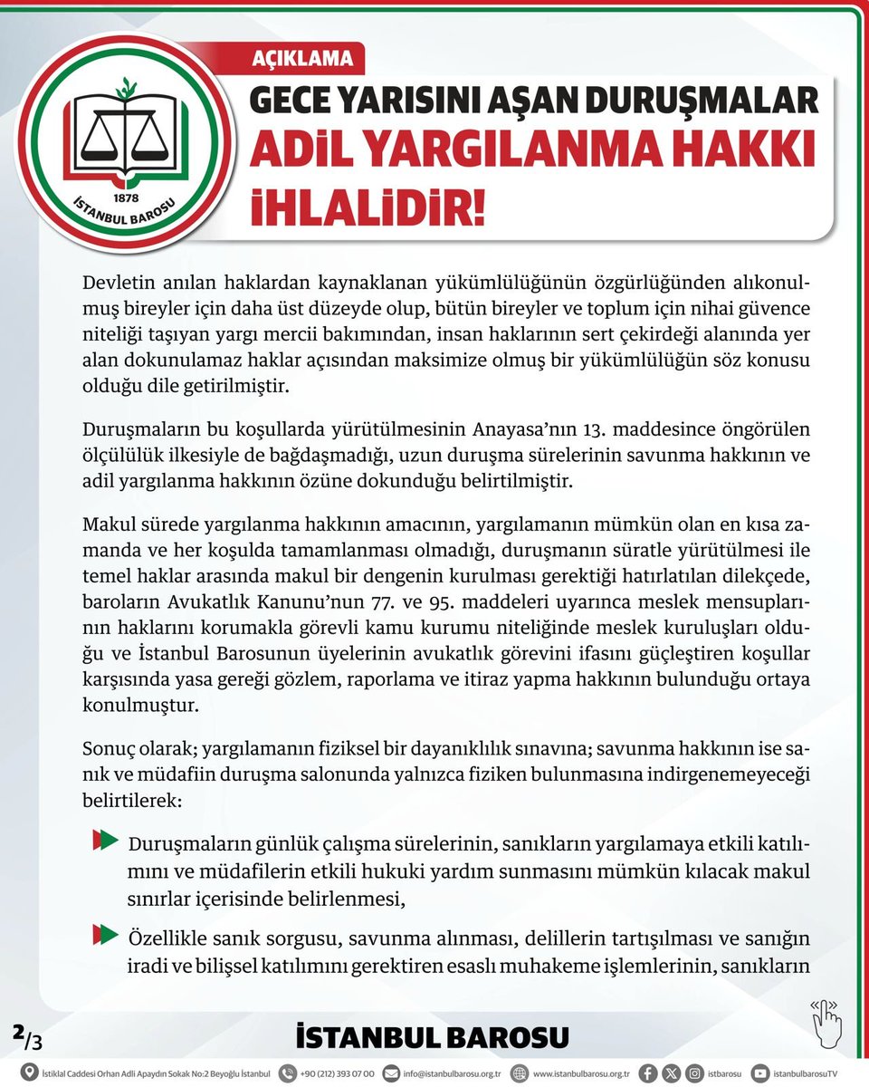 istbarosu's tweet photo. GECE YARISINI AŞAN DURUŞMALAR ADİL YARGILANMA HAKKI İHLALİDİR! https://t.co/tWdDVmhybS