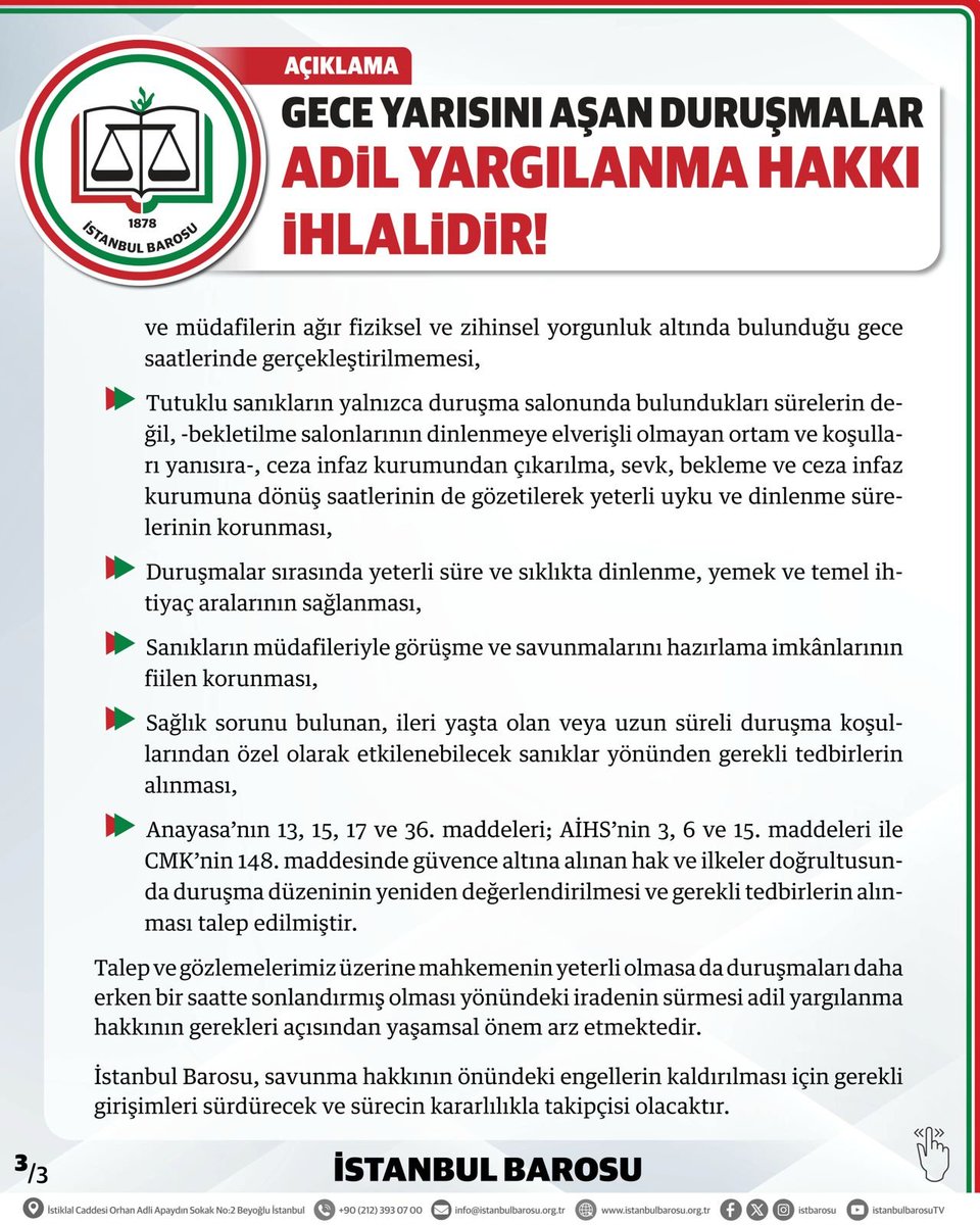 istbarosu's tweet photo. GECE YARISINI AŞAN DURUŞMALAR ADİL YARGILANMA HAKKI İHLALİDİR! https://t.co/tWdDVmhybS