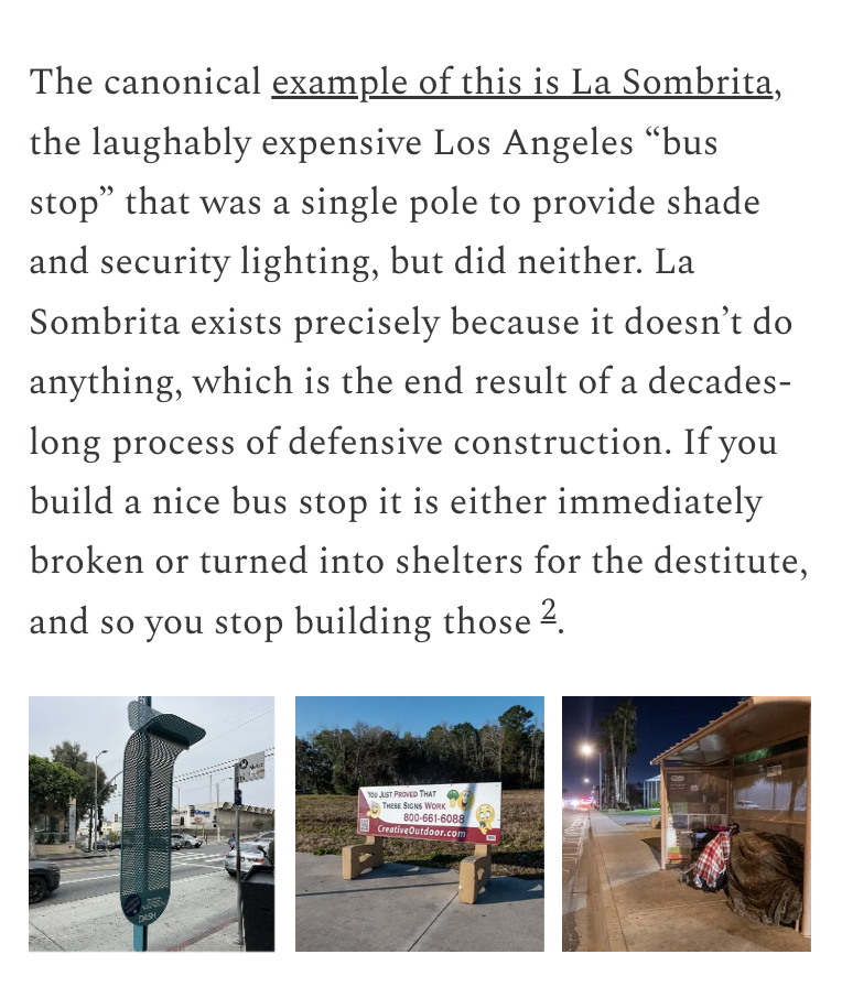AlecStapp's tweet photo. Fantastic piece from @Chris_arnade on what tolerating anti-social behavior does to our public spaces:

"It’s a primary reason why we shy away from dense walkable spaces and instead move towards suburban sprawl.

People in the U.S. don’t respect, trust, or want to be around other random citizens, out of fear and disgust.

Japanese/European style urbanism—density, fantastic public transport, mixed-use zoning, that so many American tourists admire—can't happen here because there is a fine line between vibrant streets and squalid ones, and that line is public trust.

The U.S. is on the wrong side of it.

Simply put, nobody wants to be accosted by a stranger, no matter how infrequent, and until that risk is close to nil, people will continue edging towards isolated living.

It is why we “can’t have nice things” because we have to construct our infrastructure to be asshole-proof, and so we don’t build anything or build with a fortress mentality, stripping our public spaces down to the austere and utilitarian, emptying them of anything that can be vandalized."