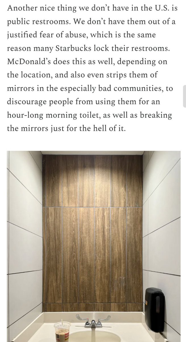 AlecStapp's tweet photo. Fantastic piece from @Chris_arnade on what tolerating anti-social behavior does to our public spaces:

"It’s a primary reason why we shy away from dense walkable spaces and instead move towards suburban sprawl.

People in the U.S. don’t respect, trust, or want to be around other random citizens, out of fear and disgust.

Japanese/European style urbanism—density, fantastic public transport, mixed-use zoning, that so many American tourists admire—can't happen here because there is a fine line between vibrant streets and squalid ones, and that line is public trust.

The U.S. is on the wrong side of it.

Simply put, nobody wants to be accosted by a stranger, no matter how infrequent, and until that risk is close to nil, people will continue edging towards isolated living.

It is why we “can’t have nice things” because we have to construct our infrastructure to be asshole-proof, and so we don’t build anything or build with a fortress mentality, stripping our public spaces down to the austere and utilitarian, emptying them of anything that can be vandalized."