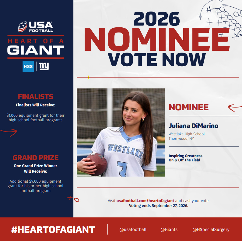 WestlakeAD_'s tweet photo. Westlake Flag Football's Star QB @JuJuDiMarino3 is a 2026  Heart of A Giant Nominee! @Giants @usafootball @HSpecialSurgery

Scan the QR code to vote DAILY!
@Westlakeflagfb @WestlakeVFB @lohudsports @KDJmedia1 @DirectRays @rayteodora1 @ONE2CMedia @SecOneAthletics https://t.co/teLs6Up35S