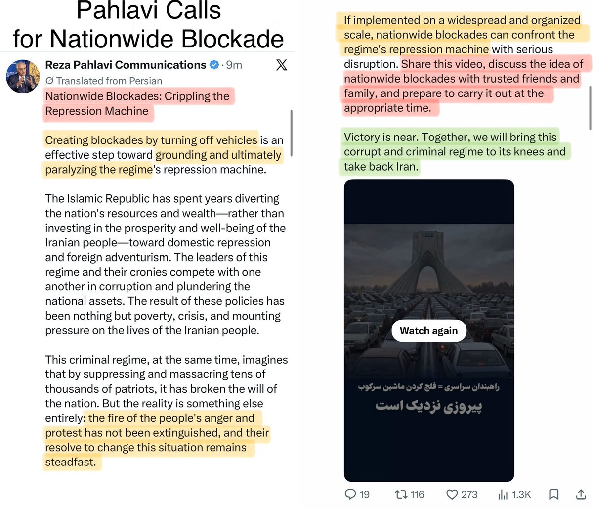 urgentintel's tweet photo. ‼️ REZA PAHLAVI ORDERS IRANIANS TO RISE WITH THEIR CARS –– Pahlavi tells all Iranians inside Iran to spread the video below with everyone and to be ready for the call to:
   •  Get in their car and get on the road.
   •  Do it in a widespread and organized manner.
   •  Turn off the car while on the road in such a manner as to CAUSE NATIONWIDE BLOCKADE. 
...........................................
🚨 IF YOU ARE AN IRANIAN, STOP READING THIS AND START SHARING THE VIDEO WITH EVERYONE YOU KNOW AND TELL THEM TO DO THE SAME THING! REGIME CHANGE IS COMING NOW!

Opinion –– I told you guys it was happening. I told you those 2 messages from Trump and similar hints from Pahlavi from the last couple of weeks were signals something big is happening. Well, here it is guys. My President has given the green light to the Iranian people and their chosen leader also just gave them the call for action. Now it is up to the people to make it happen.

https://t.co/0rfBiBupUG