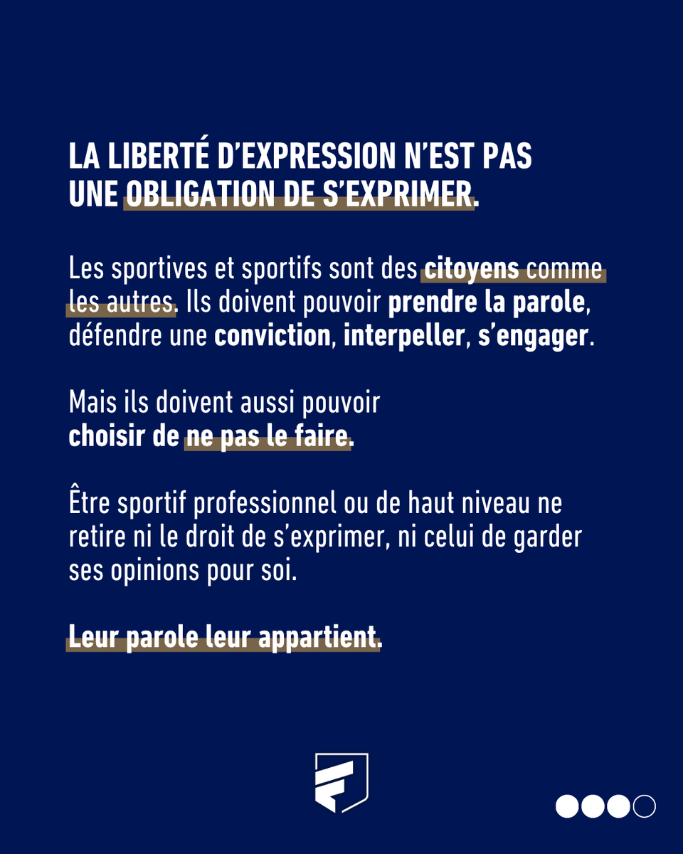 FNASS_'s tweet photo. Un sportif doit-il forcément prendre position ? 📣

La liberté d’expression doit leur être pleinement garantie : celle de s’engager, de défendre leurs convictions et de faire entendre leur voix, mais aussi celle de ne pas prendre position.

#FNASS #LéonMarchand #LibertéExpression https://t.co/h233QwiyKK
