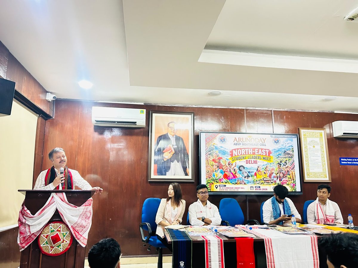 ABVPVoice's tweet photo. The official poster of UDAYACHAL 2026, an initiative of ABVP Arunoday Northeast Students’ Cell, was unveiled by Shri @AshishSainram , National Organising Secretary, ABVP along with Shri @Aryanmaan09 , President, DUSU, and Shri Swapnoneel Deori, Convenor, Northeast Cell.

#ABVP #Udayachal2026