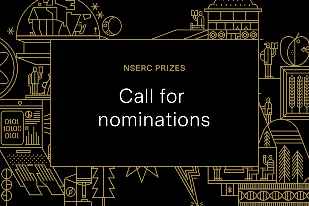 IMAGE: Black background with a diagram in fine golden lines representing various aspects of Canadian science and engineering, and white lettering saying "NSERC PRIZES" and "Call for nominations".