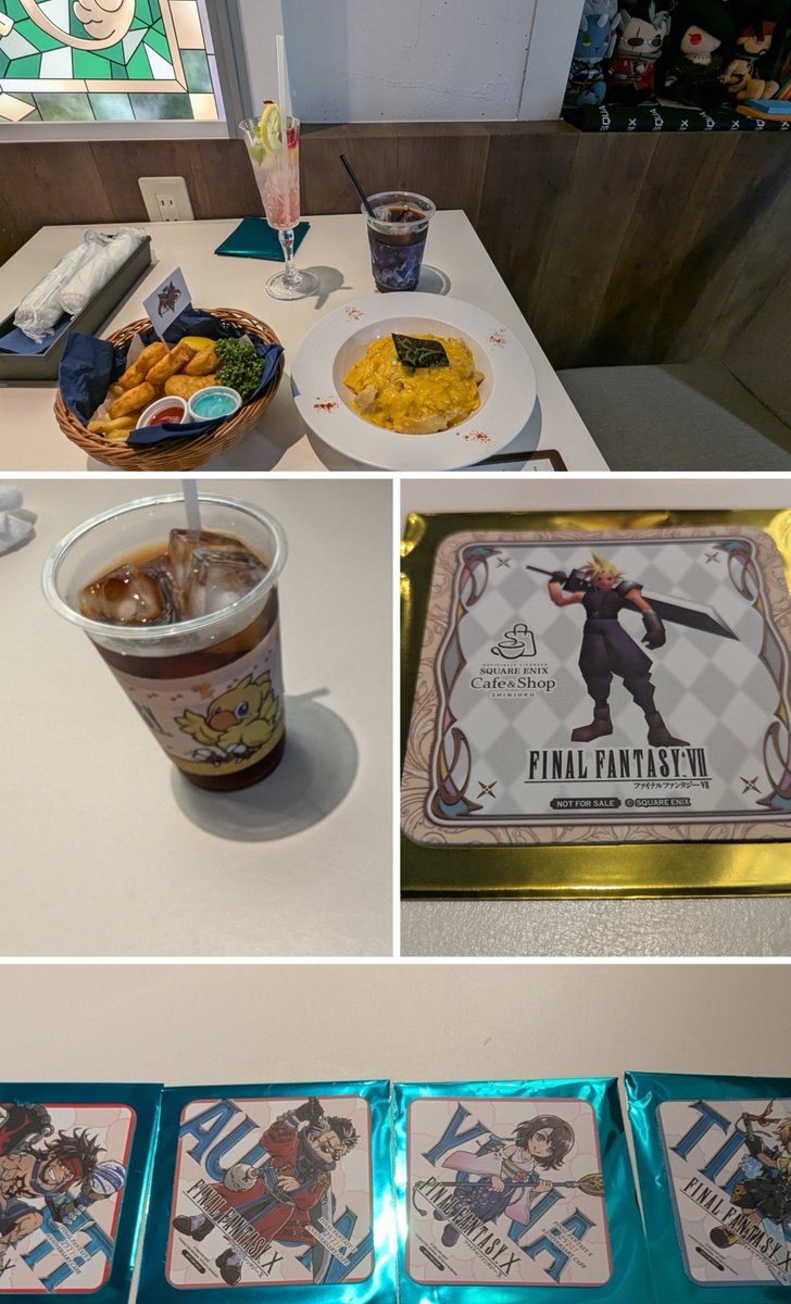 godmastersun's tweet photo. 仕事帰りに『FINAL FANTASY X 25TH ANNIVERSARY CAFE』初日へ滑り込んできました。コースターは奇跡的に被り無し！記念展のフライヤーもいただき、帰りに『FINAL FANTASY X MUSEUM-幻光の記憶-』の入り口も予習したぜ！#FF10 #FFX25th
#sqex_cafe_shop
#sqex_popup_cafe https://t.co/mAyomcRexy