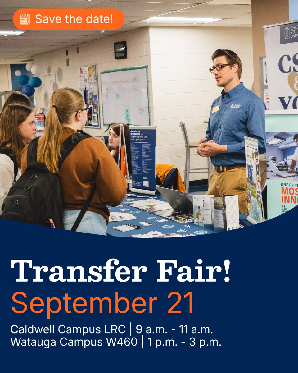 cccti's tweet photo. Thinking about transferring to a university? Save the date! 🎓

CCC&amp;TI's Transfer Fair is September 21! Meet representatives from universities across NC and beyond and find out where your degree can take you!

📍 Caldwell Campus LRC | 9-11 AM
📍 Watauga Campus W460 | 1-3 PM https://t.co/enovlhDSkk