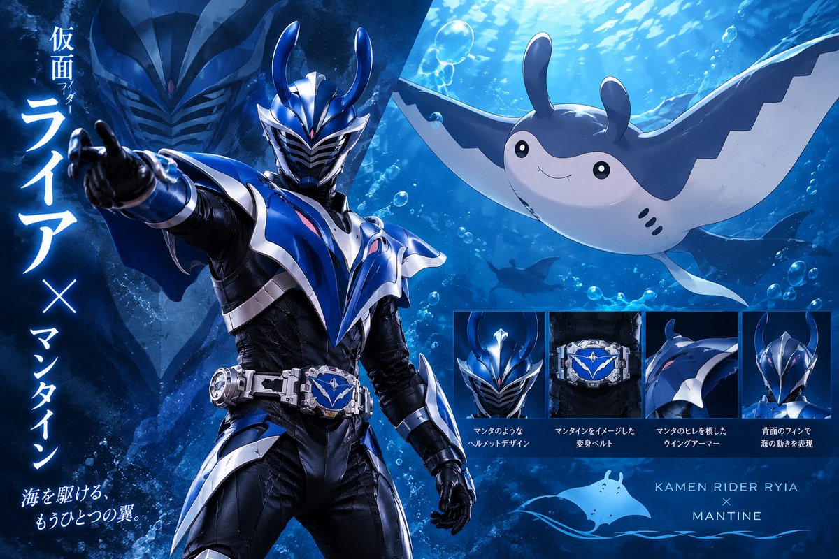 jampx777's tweet photo. #自分だけの仮面ライダーを作ってみた 
仮面ライダーライアとポケモンのマンタインを合体させてみました
共通点として共に海にいるエイがモチーフで同じです https://t.co/WPiE0tsHBg
