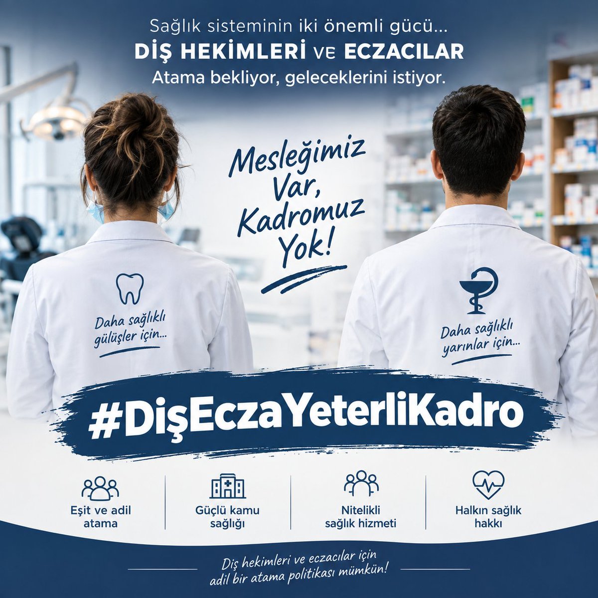 dishekdayanisma's tweet photo. Eczacılar ve Diş Hekimleri el ele!
​Toplum sağlığının iki temel direği olarak halkın nitelikli sağlık hizmetine erişimi ve sağlık çalışanlarının istihdam güvencesi için haykırıyoruz:
​Planlama şart,atamalar hakkaniyetli olmalı!
@saglikbakanligi @RTErdogan 
​#DişEczaYeterliKadro https://t.co/iMPl7IZQB2