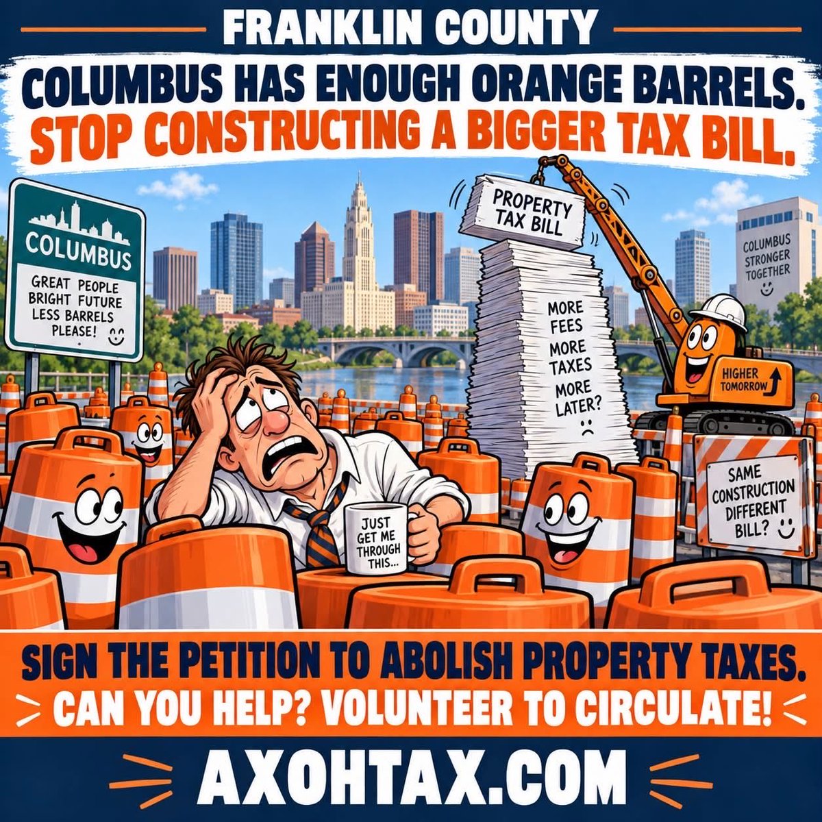 TheAxOHTax's tweet photo. Residents in Franklin County, OH are tired of construction, particularly the raising of an even higher property tax bill! #taxes #liberateohio https://t.co/VwmVA7gSVd