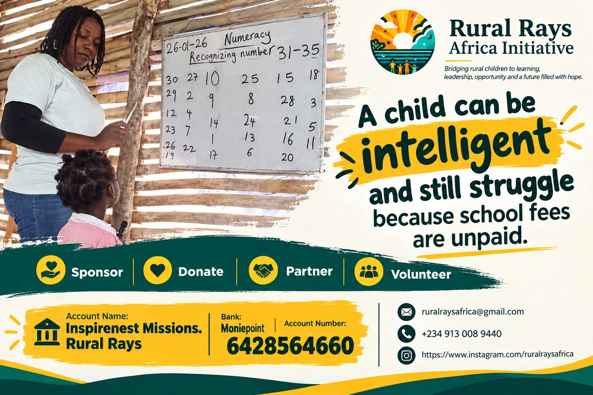RuralRaysAfrica's tweet photo. Why sponsor a child?
Because talent needs access.
Your sponsorship can help provide education, learning materials, care, and nutrition, giving a child the opportunity to learn, grow, dream, and build a brighter future.
#SponsorAChild #RuralRaysAfrica #InvestInPotential https://t.co/E18woegn3h