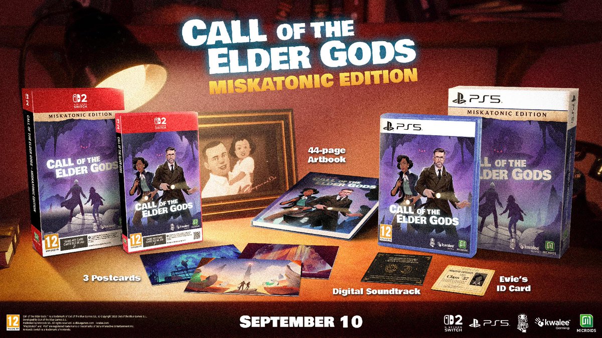 COTEGGame's tweet photo. Call Of The Elder Gods Miskatonic Edition is out NOW on Switch 2 and PS5! 

Get the physical copy of the game and...

* 3 postcards
* 48 page artbook
* Evie's ID card
* Digital soundtrack

Check it out on @Microids_off store on Amazon! - https://t.co/vI25D8ehA5 https://t.co/ILA344g4lZ