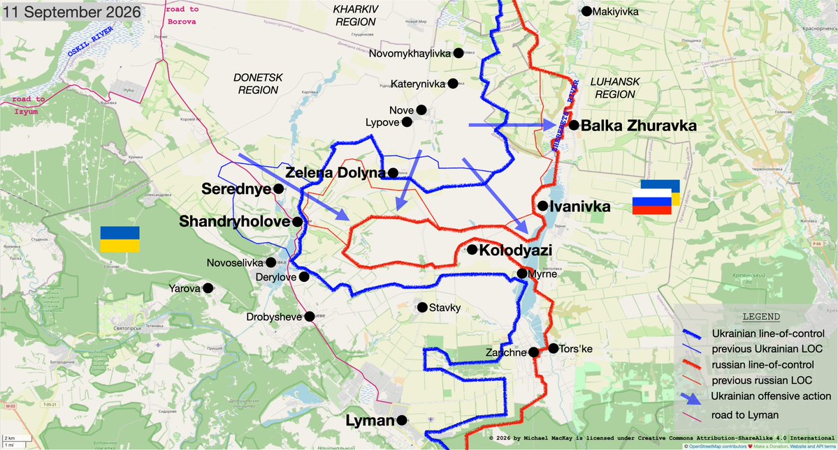 mhmck's tweet photo. Ukraine's 3rd Army Corps has routed the russian invasion army in the salient north of Lyman.

Zelena Dolyna, Serednye and Shandryholove are liberated. The road to Lyman is under Ukraine's control.

Because they aren't allowed to retreat, russian soldiers are being massacred. https://t.co/Ius6l6v1VP