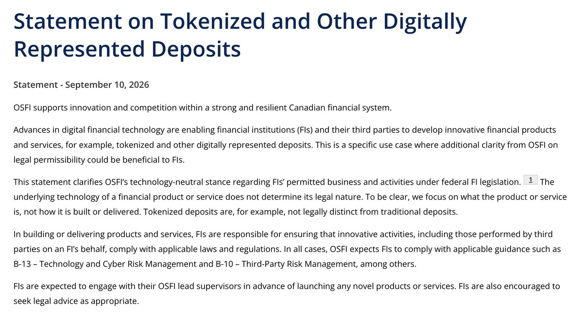 Xfinancebull's tweet photo. BREAKING🚨🇨🇦 Canadian banks have been given the green light to launch blockchain deposit products in 2026.

This is banks moving money onchain, not crypto companies knocking on the door.

Who benefits most from this? https://t.co/YC047wfV3F