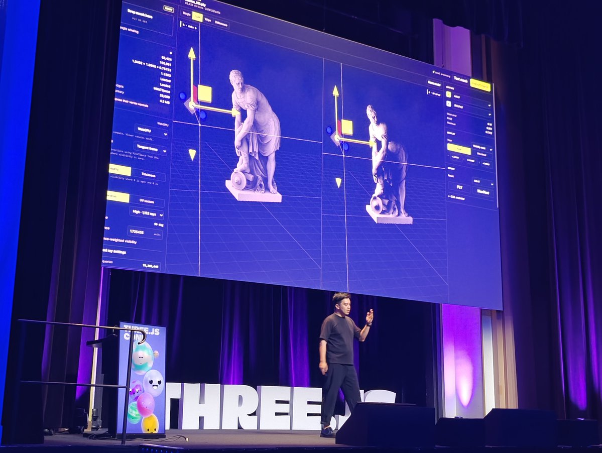 robnet's tweet photo. @edankwan from @lusionltd demos the tech behind the company's impressive portfolio, then makes himself redundant in front of the @threejsconf crowd with AI experiments. Humbling 😊 #threejsconf #threejs https://t.co/8pfI9OzEg8