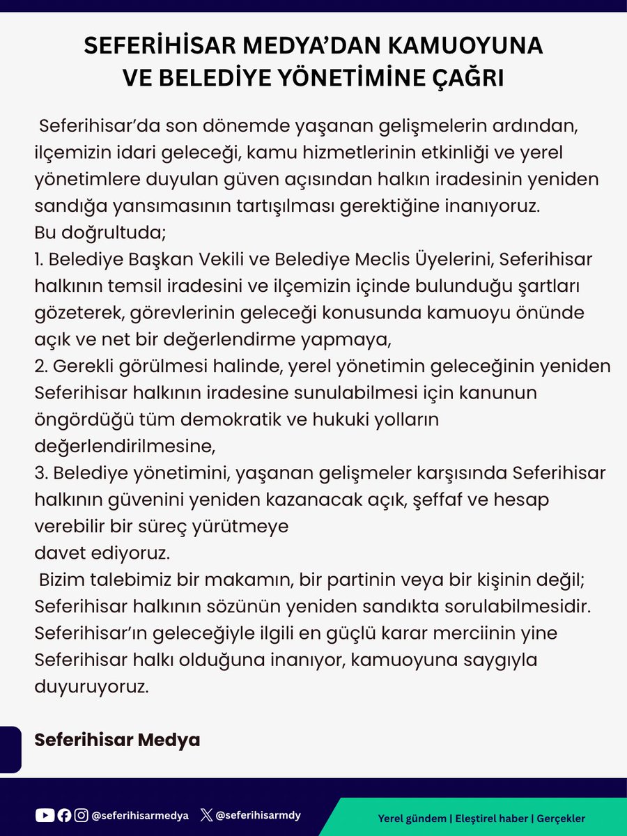 SeferihisarMdy's tweet photo. Seferihisar Medya’dan Kamuoyuna Ve Belediye Yönetimine Çağrı https://t.co/Yx5jWPsv1m