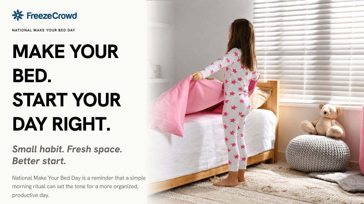 FreezeCrowd's tweet photo. It's Make Your Bed Day! Are you making your bed on your college campus? Join us on https://t.co/JgE2Mb7NVW to freeze with something cool and your Friday Feeling. What is a cool fact about the benefits of making your bed? ❤️❄️ #MakeYourBedDay #FridayFeeling https://t.co/YbnOQGDi8V
