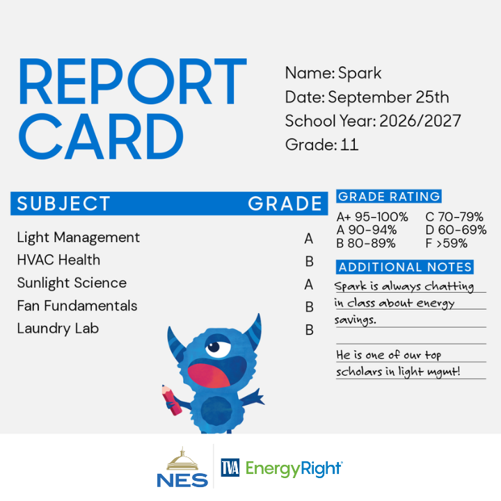 NESpower's tweet photo. Which subject did you ace in high school? Spark from @TVAEnergyRight is a master of all!

Light Management 💡: make sure you keep those lights off when you aren't in the room.

HVAC Health 🌡️: be sure to switch out your HVAC filter every couple of months—and don't forget your annual tune-up and receive a $50 rebate.

Sunlight Science 🧪: utilize your curtains and blinds to block out that late summer heat.

Fan Fundamentals 🪭: like lights, make sure they stay off when you aren't in the room.

Laundry Lab 💧: make sure to wash in cold water to see drastic energy savings.