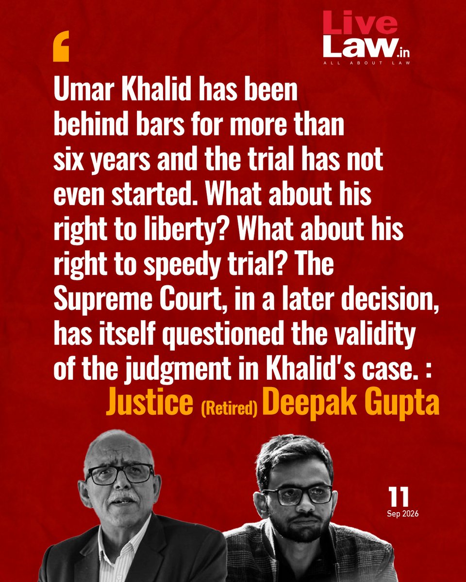 LiveLawIndia's tweet photo. “Bail, not jail, is the rule” is the oft-quoted legal principle. In actual practice, however, it is jail, not bail, which has become the rule. It is shocking that in a country where we swear by the rule of law and a person is presumed innocent until proven guilty, there are three undertrials for every convict.
Read more: https://t.co/T9uUnJ8Vfk 
#JusticeDeepakGupta #Judiciary #democracy #UmarKhalid #Bail