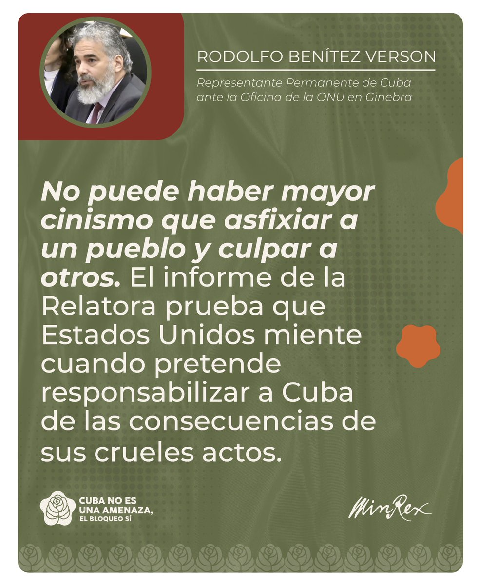 CubaMINREX's tweet photo. El exhaustivo análisis jurídico presentado por la Relatora Especial demuestra que el bloqueo tiene que ser levantado, porque viola el Derecho Internacional e invade la soberanía y jurisdicción de los demás Estados.

#CubaNoEsUnaAmenaza, el bloqueo sí. https://t.co/CLXSze3eOV