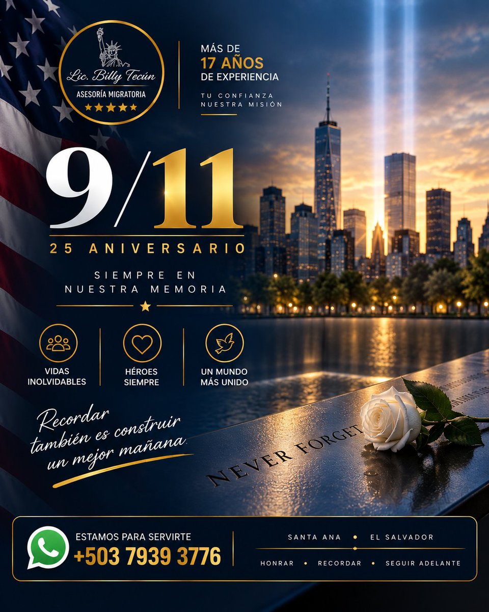 BillyTecun's tweet photo. 🇺🇸 11 de septiembre | 25 años
Hoy recordamos con respeto a quienes perdieron la vida, a quienes dieron todo por ayudar y a las familias que aún llevan su recuerdo en el corazón.

25 años después, seguimos recordando.
Nunca olvidar. 🕊️ https://t.co/KmjDiPhJSD