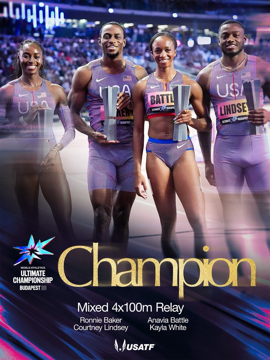 usatf's tweet photo. 𝗔𝗠𝗘𝗥𝗜𝗖𝗔𝗡 𝗥𝗘𝗖𝗢𝗥𝗗 🚨 𝗪𝗢𝗥𝗟𝗗 𝗨𝗟𝗧𝗜𝗠𝗔𝗧𝗘 𝗖𝗛𝗔𝗠𝗣𝗦 🚨

The quartet of Ronnie Baker, Anavia Battle, Courtney Lindsey and Kayla White make history, winning the mixed 4x100m relay to become the FIRST champions ever crowned at @WAultimateChamp 🏆

#TeamUSATF https://t.co/uAGkHQwitc